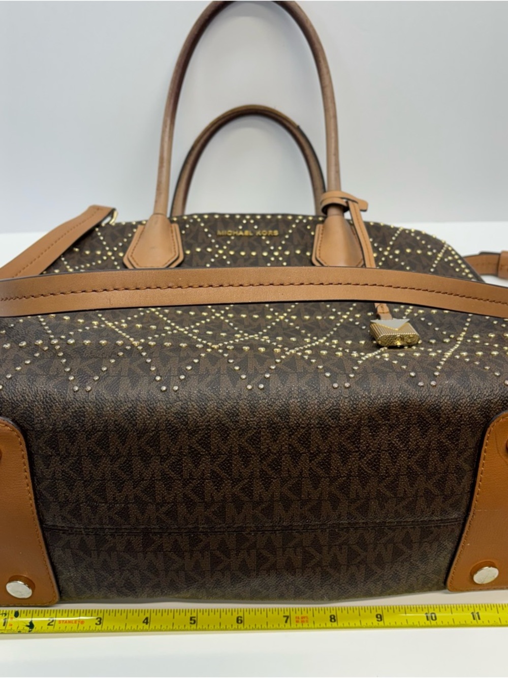 Michael Kors Logo Leather Mercer Stud & Grommet LG Tote Bag Purse Brown MK - Picture 8 of 8